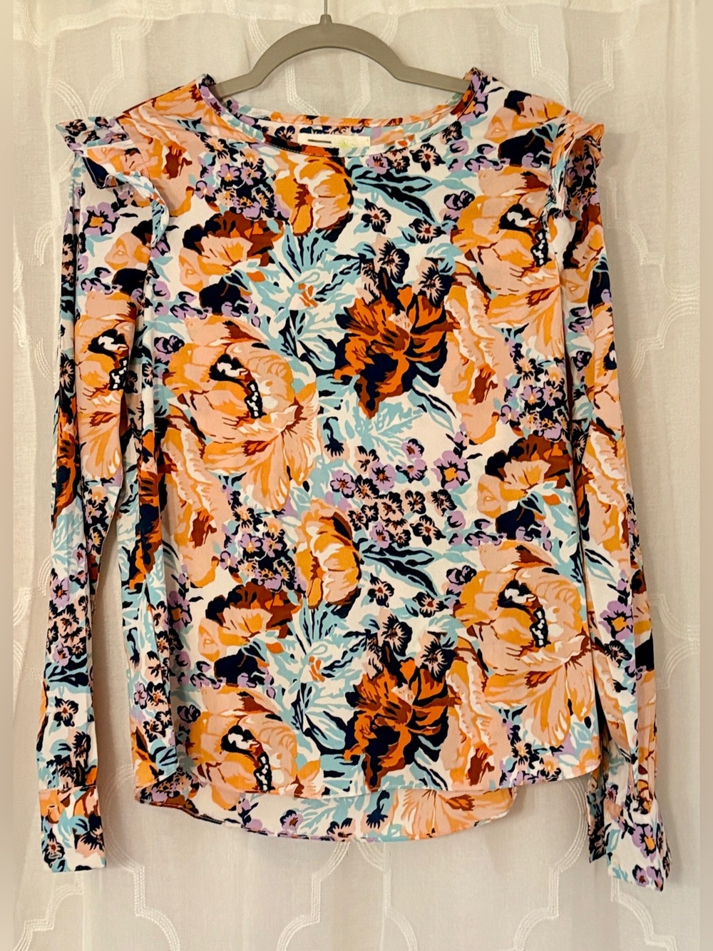 Porridge Small Orange Teal Floral Long Sleeve Blouse Boho Fall Top